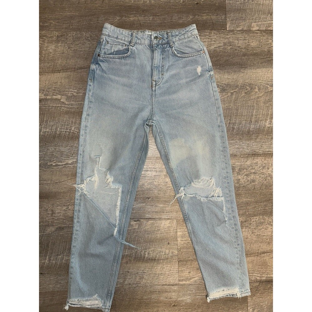 Zara High Waisted Mom Jeans Distressed Ripped Light Wash Blue Size US 2 EUR 34